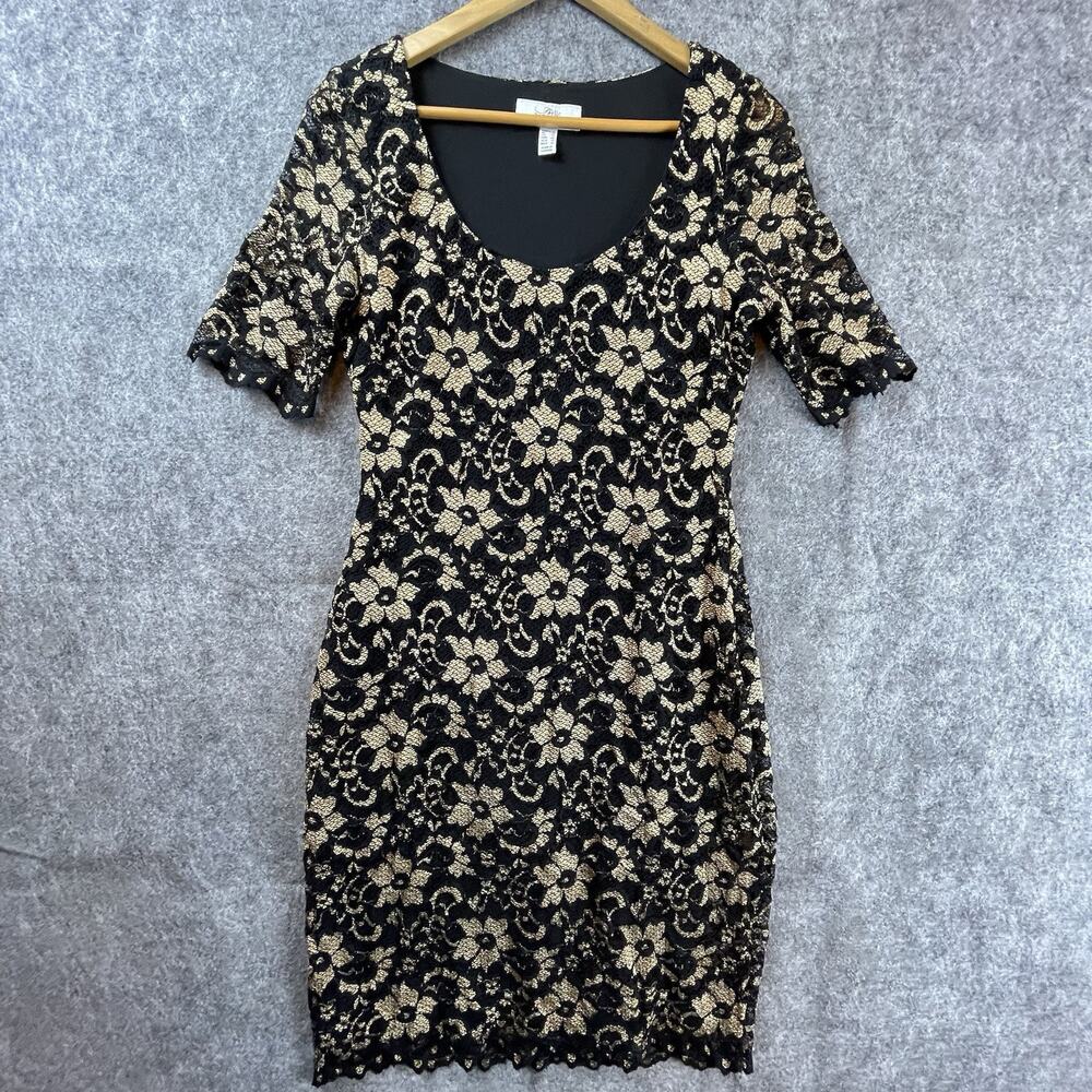 Belle‎ Badgley Mischka Dress 10 Tan Black Lace Flowers Stretch Dark Romantic